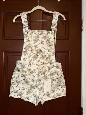Floral Print Denim Short Overalls - Cream with Blue & Yellow Flowers